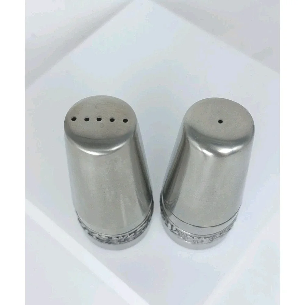 VTG 1970 Stanley Roberts ISC Salt & Pepper Shakers 18-8 Stainless Floral Japan